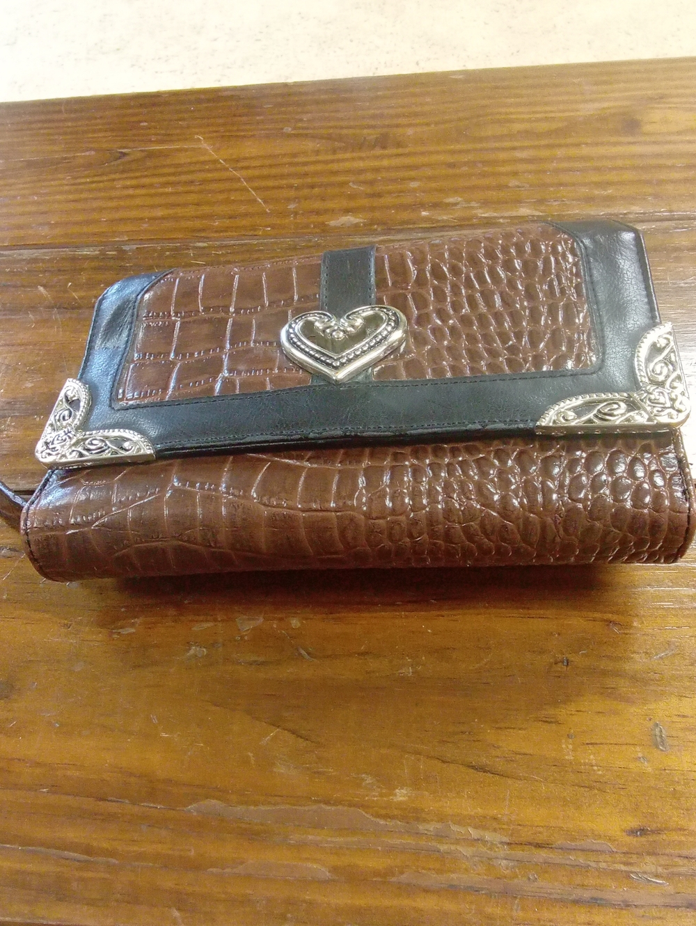 Brighton Brown Croc-Embossed Clutch with Black Trim and Silver Heart